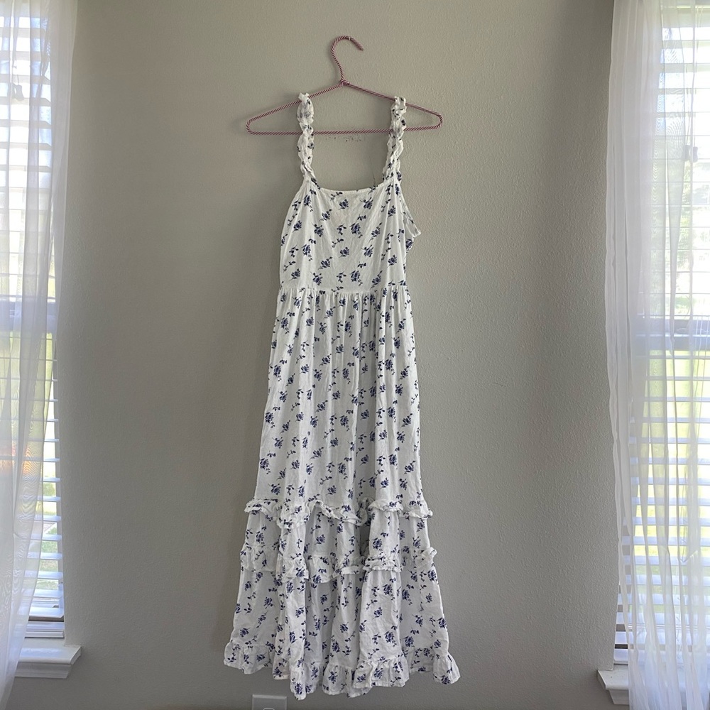Blue & White Floral Summer Dress with smocking